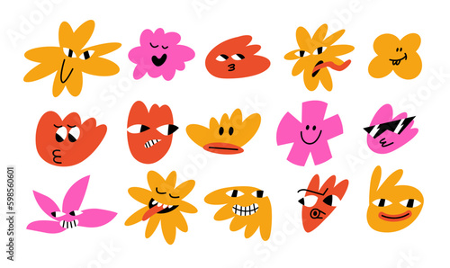 Vector illustration set cartoon flowers with faces with different emotions