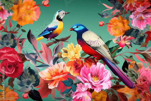 Exotic oriental with wildlife and flowers in multicolor. 3d interior mural illustration wallpaper. Birds and animals wildlife with bright color exotic flower patterns background, generative AI © Kien