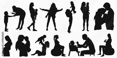 Happy Mothers' day. Silhouette of pregnant woman and women with child vector illustration 