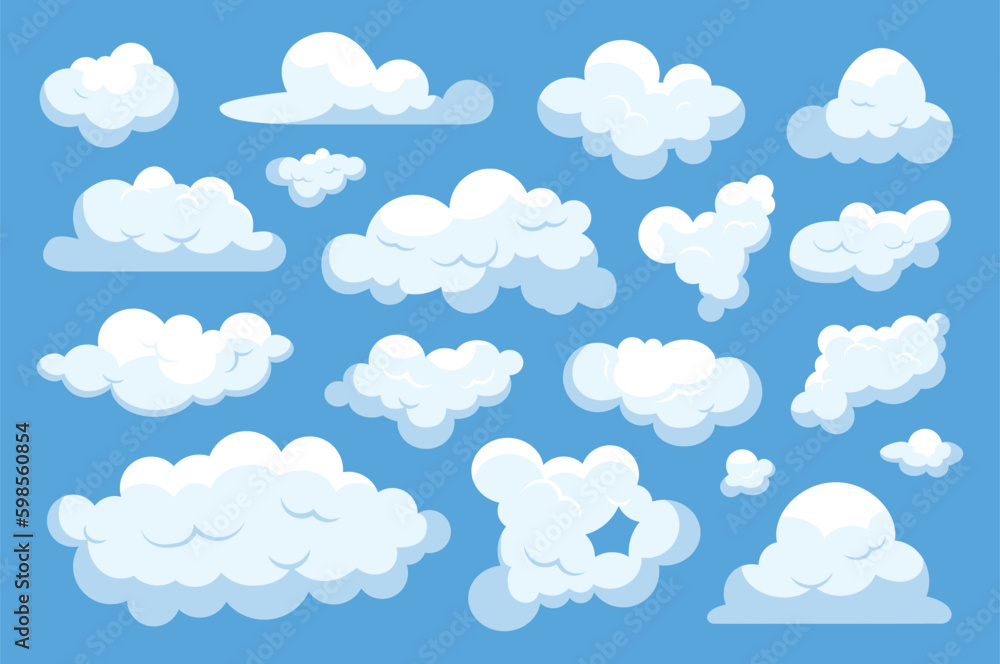 White cloud set. A flat cartoon design set of clouds on a blue background. Vector illustration. White cloud set. A flat cartoon design set of clouds on a blue background. Vector illustration.