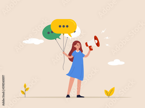 Communication or PR, Public Relations concept. Manager to communicate company information and media, announce sales or promotion. Woman holding speech bubble balloons while talking on Generative AI