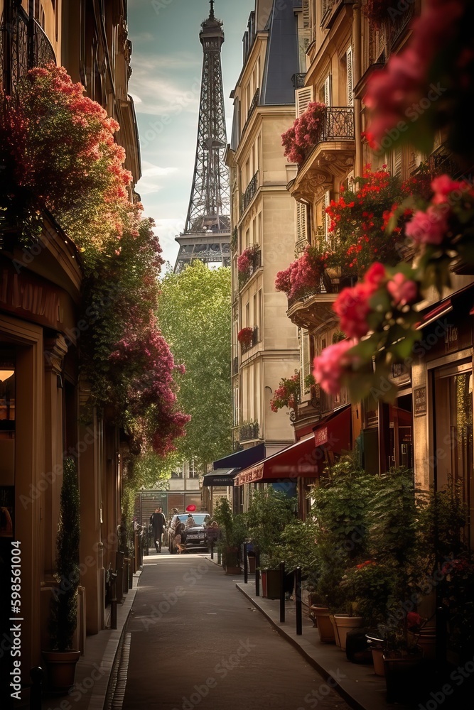 Beautiful street with view to the Eiffel Tower in spring, generative ai