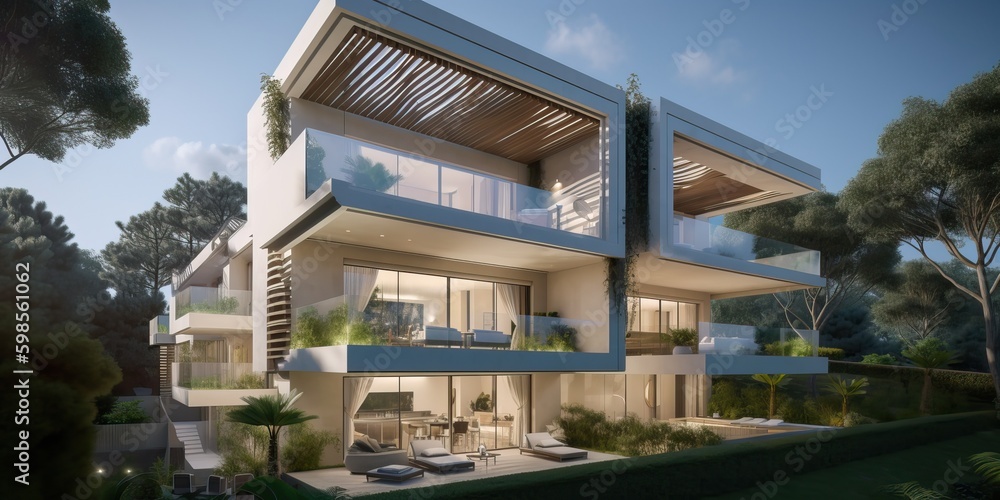 Luxurious residential development with pool, generative ai Luxurious residential development with pool, generative ai