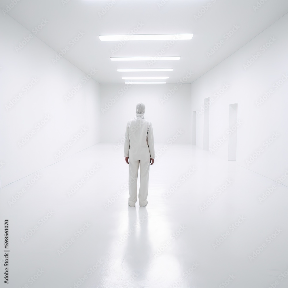 Fototapeta premium Man covered in white protective gear in an aseptic clinical environment, generative ai