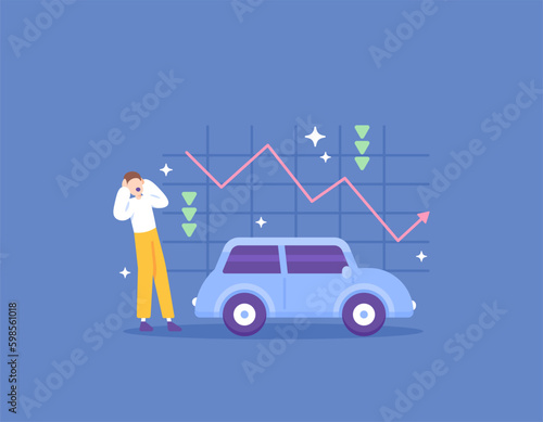 car prices are down. an investor was shocked and panicked because the stock price of the car company he invested in had dropped drastically. Stocks are in decline. investment issues. illustration 