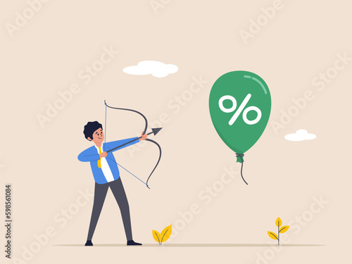Beat inflation concept. Economic risk or investment bubble. Businessman shoots balloons with an arrow. Federal Reserve seeks to control inflation by influencing interest rates. Flat Generative AI