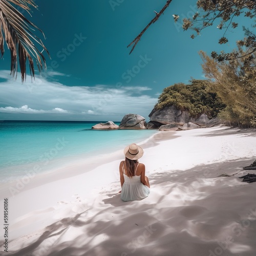 woman sitting on a white sand tropical beach. generative AI