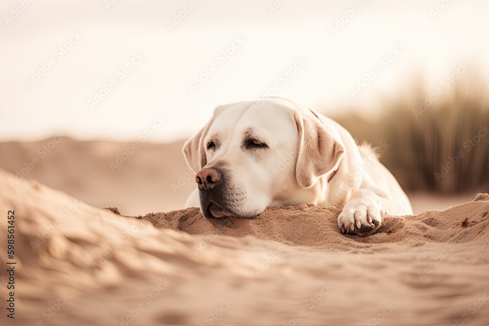 white dog relaxing on a sandy beach. Generative AI Generative AI