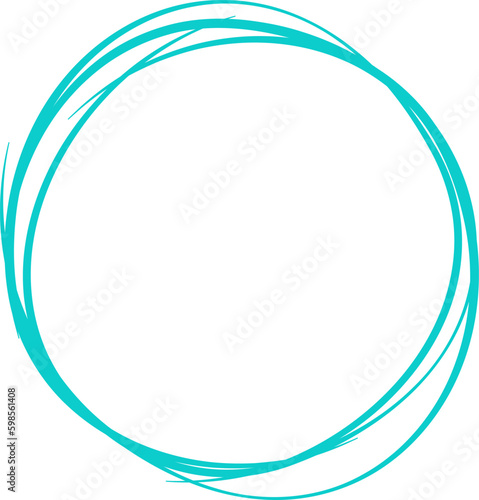 Turquoise circle line hand drawn. Highlight hand drawing circle isolated on background. Round handwritten circle. For marking text, note, mark icon, number, marker pen, pencil and text check, vector