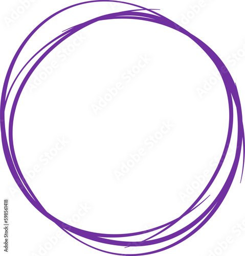 Violet circle line hand drawn. Highlight hand drawing circle isolated on background. Round handwritten circle. For marking text, note, mark icon, number, marker pen, pencil and text check, vector