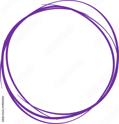 Violet circle line hand drawn. Highlight hand drawing circle isolated on background. Round handwritten circle. For marking text, note, mark icon, number, marker pen, pencil and text check, vector