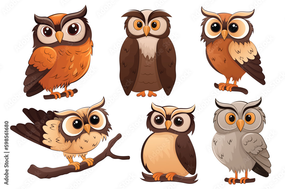 Animal owl set. This illustration is a set of cartoon owl designs in a flat style. Vector illustration. Animal owl set. This illustration is a set of cartoon owl designs in a flat style. Vector illustration.
