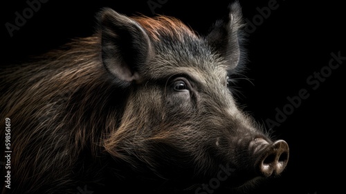  A bold close - up of a wild boar, with fierce eyes and a sense of wildness against a dark forest backdrop. generative ai