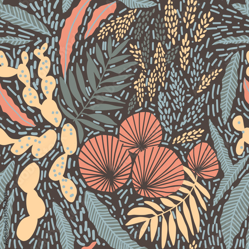 Oriental flowers meadow seamless pattern in vector in trendy dusty color palette. Vector illustration Generative AI