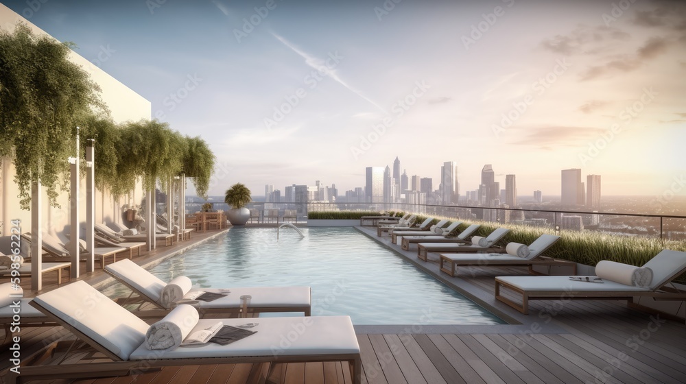  A chic and minimalist rooftop pool with comfortable lounge chairs, a built - in bar, and stunning skyline views. generative ai