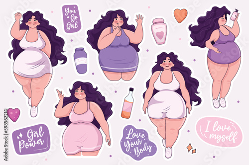 Body positive sticker set. The illustration is a set of body positive stickers in a flat cartoon design. Vector illustration.