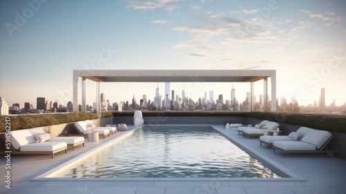  A chic and minimalist rooftop pool with comfortable lounge chairs, a built - in bar, and stunning skyline views. generative ai