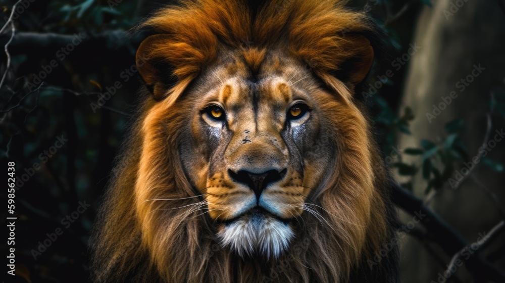 A close - up of a lion, with intense eyes and bold colors against a dark forest background, generative ai