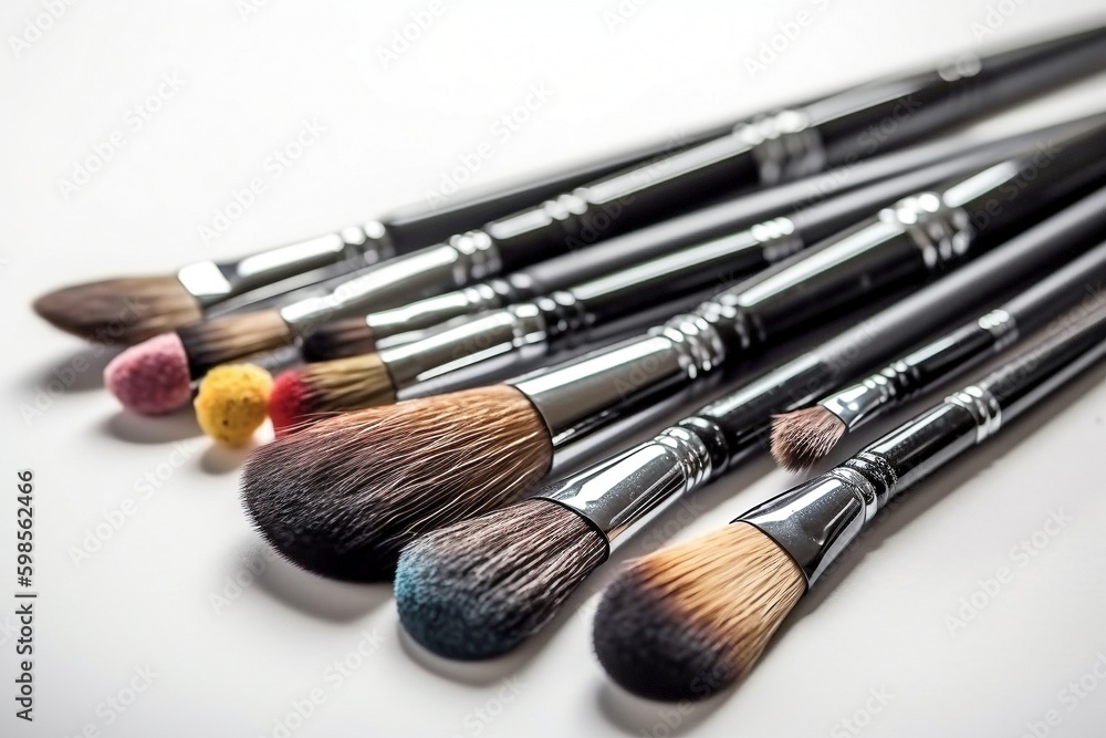 Makeup Brushes Set in Row on White Isolated Background, Essential Beauty Tools, Generative AI Makeup Brushes Set in Row on White Isolated Background, Essential Beauty Tools, Generative AI