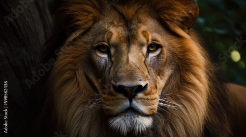  A close - up of a lion, with intense eyes and bold colors against a dark forest background, generative ai