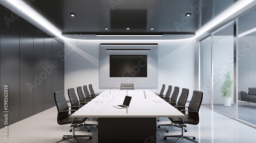  A contemporary and minimalist conference room with sleek furnishings, high - tech audiovisual equipment, and adjustable lighting. generative ai