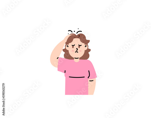 a woman scratches her scalp because of itching. hair lice and dandruff. diseases of the scalp or parasites. hair health and hygiene issues. character illustration concept design. vector elements