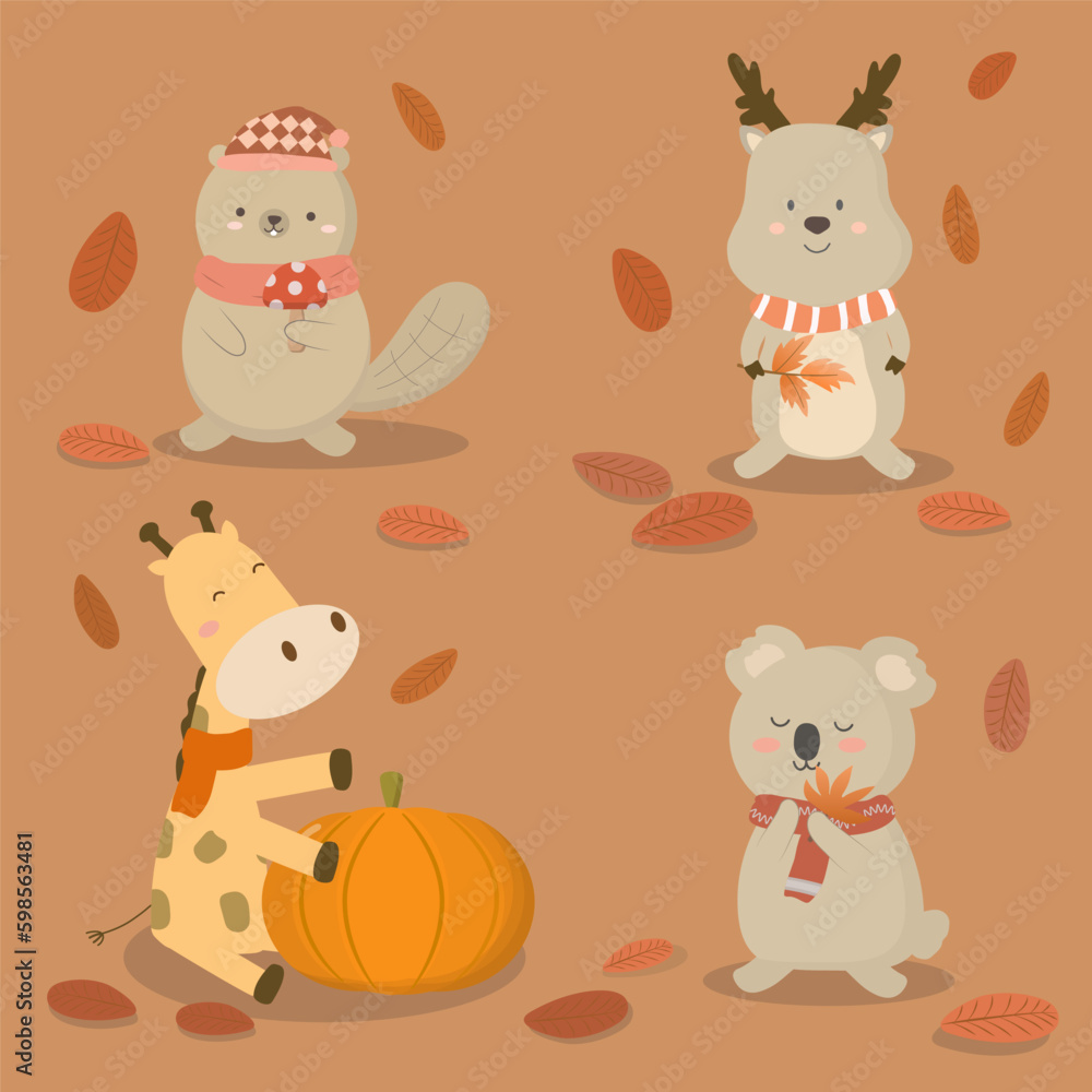 Cute animal with scarf and hat in autumn day