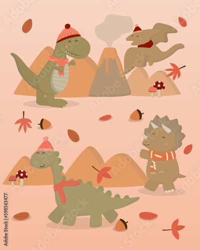 Fototapeta Naklejka Na Ścianę i Meble -  Funny cute cartoon dinosaurs party vector