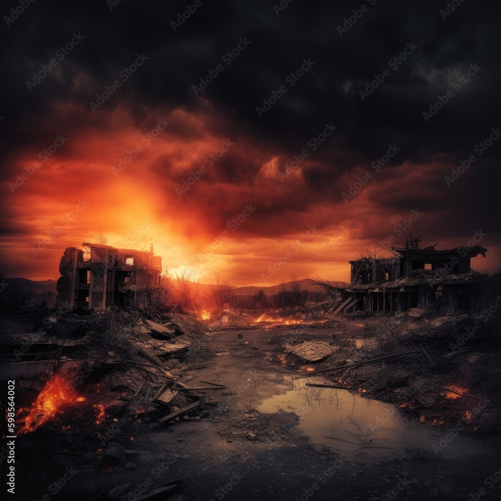 A dramatic, apocalyptic landscape with fiery skies and crumbling ruins on a black background, portraying the intensity and devastation of a world in chaos. generative ai