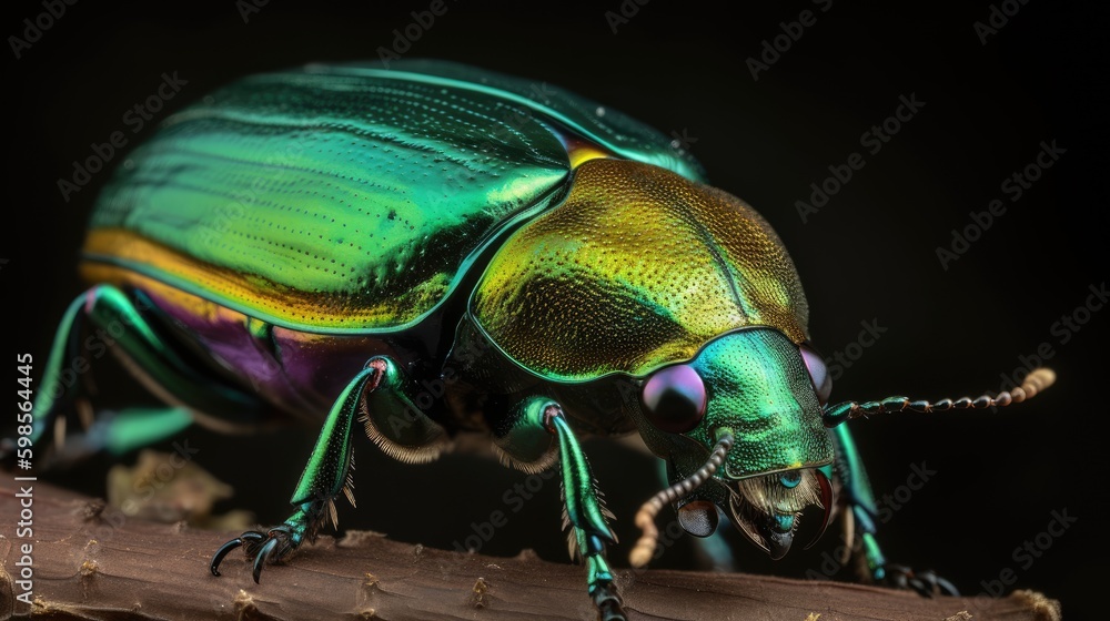 Naklejka premium A dynamic close - up of a green June beetle, with bold colors and dramatic lighting. generative ai