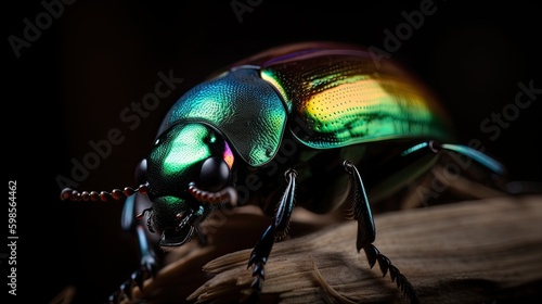  A dynamic close - up of a green June beetle, with bold colors and dramatic lighting. generative ai