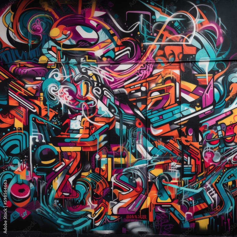  A dynamic, graffiti - style mural with bold colors and expressive shapes on a black background, celebrating the vibrant energy and creativity of urban street art. 