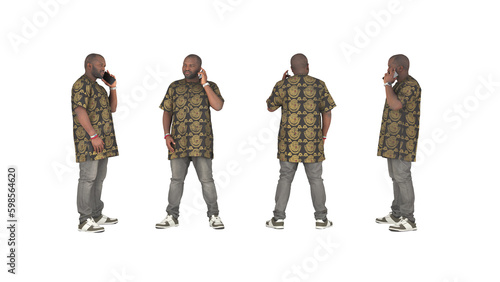 An isolated human character man set in a Casual shirt and grey jeans stands holding a mobile phone in Front, Back, and, Side view—isolated 3D Rendering on White Background.