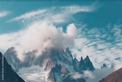 majestic snow-capped mountain peak piercing through the clouds. Generative AI Generative AI