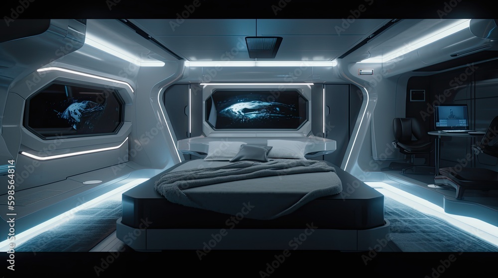 A futuristic bedroom with a floating bed, an integrated sound system, and adjustable lighting. generative ai A futuristic bedroom with a floating bed, an integrated sound system, and adjustable lighting. generative ai