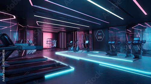  A futuristic fitness center with high - tech equipment  interactive screens  and neon lighting. generative ai