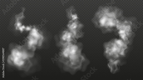 Realistic set of smoke trails in the air isolated on transparent background. Vector illustration of ash clouds.Trace from the plane or exhaust from the pipe