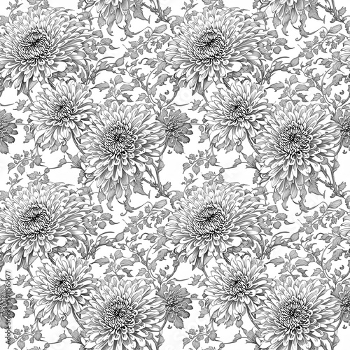 Floral seamless pattern with Chrysanthemums flowers in grayscale on white background, wallpaper design for textile, fabric, cover, wrapping paper. AI generated Generative AI