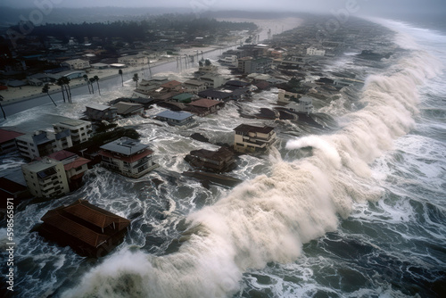 big waves hitting houses on the coast. gobal warming and sea level rise. generative ai photo