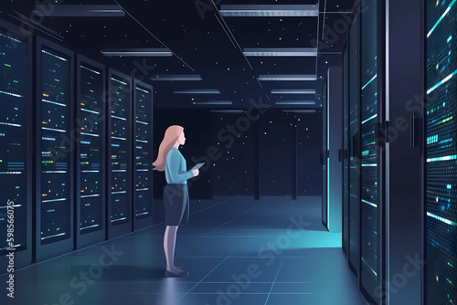 A woman stands in a data center with a blue background and the data center'on the right side. AI generation