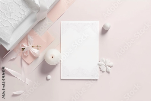 A white gift box with a white label that says'white candle'on a pink background. AI generation