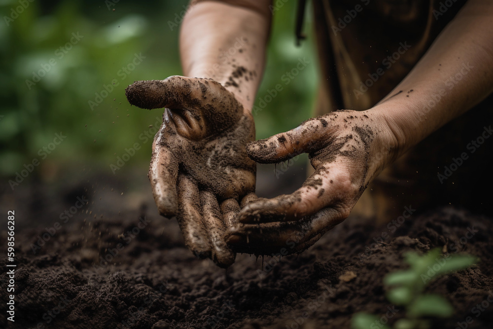 A person is holding their hands in the soil with the word compost on the bottom right. AI generation