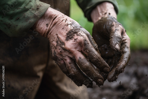A man's hands are covered in mud and the soil is covered in mud. AI generation