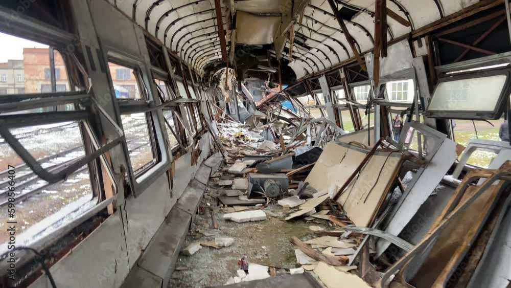 The train wagon destroyed by a Russian missile in Ukraine The train wagon destroyed by a Russian missile in Ukraine
