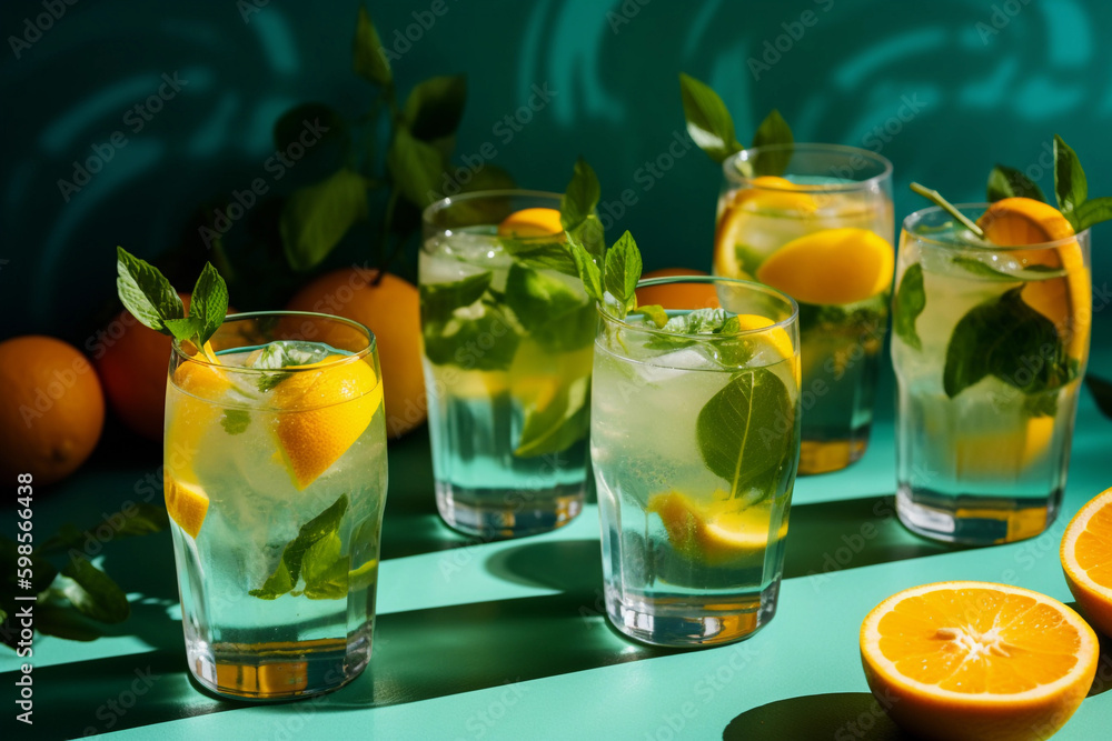 A green table with glasses of oranges and lemons on it. AI generation