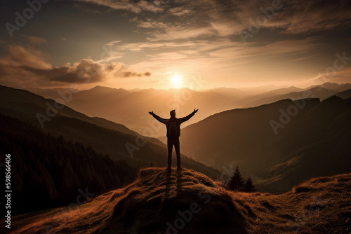 A man stands on a hill with his arms raised in the air, with the sun setting behind him. AI generation photo