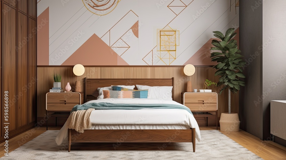 A mid - century modern bedroom with a geometric accent wall, a platform bed, and vintage decor ...