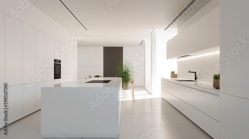  A minimalist kitchen with all - white cabinetry, a waterfall island, and integrated appliances. generative ai