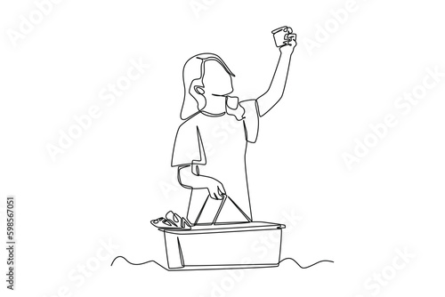 Continuous one line drawing happy girl picking up items in the supermarket while carrying a shopping basket. Business activity concept in market. Single line draw design vector graphic illustration.