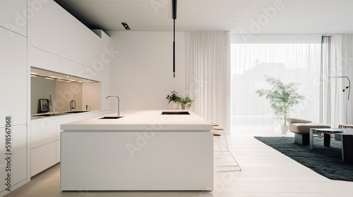  A minimalist kitchen with all - white cabinetry  a waterfall island  and integrated appliances. generative ai
